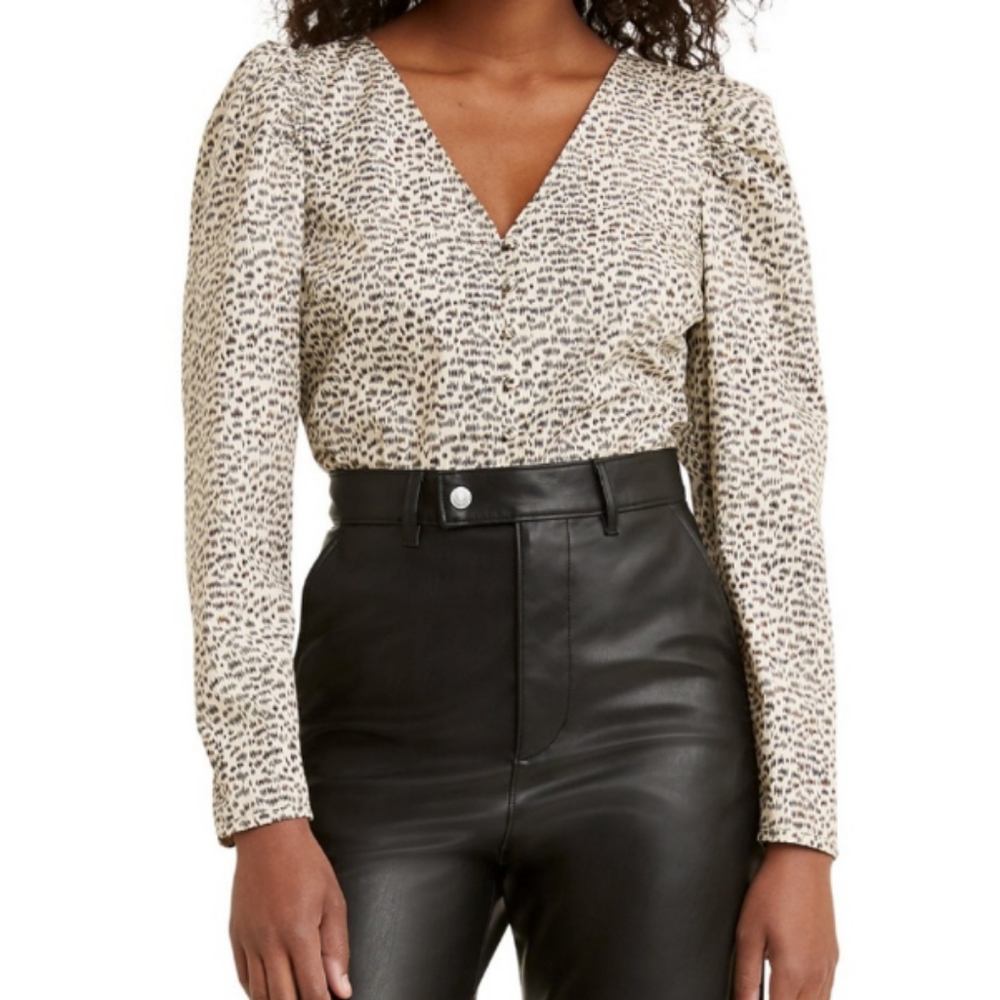 Levi's Teegan Notch Print Cotton Blouse in Sandahell Black & Cream Sz L NWT